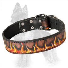 Thick Leather German-Shepherd Dog Collar Painted With  Fire Flames