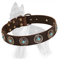 Leather German-Shepherd Dog Collar Decorated With  Nickel Circles And Blue Stones