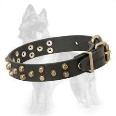 Leather German-Shepherd Collar Decorated with Brass Pyramids