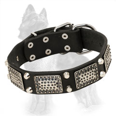 Leather German-Shepherd Collar with Nickel Plates and Pyramids