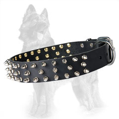 German-Shepherd Leather Dog Collar with 3 Rows of  Nickel Spikes
