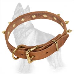 German-Shepherd Spiked Leather Dog Collar with Three Rivets near Buckle