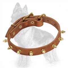 German-Shepherd Spiked Leather Dog Collar with One Row of Brass Spikes