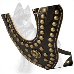Y-Shape Leather German-Shepherd Dog Harness Decorated  With Brass Studs