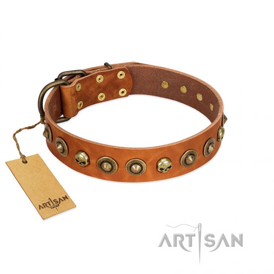 "Prez of the Pack" FDT Artisan Tan Leather German Shepherd Collar with Skulls and Brooches