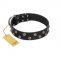 "Power-Flower" FDT Artisan Black Leather German Shepherd Collar with Two Rows of Silver-like Studs with Engraved Flowers
