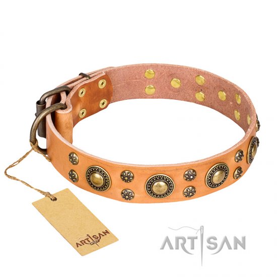 "Sophisticated Glamor" FDT Artisan Leather German Shepherd Collar with Fancy Old Bronze-like Plated Decorations