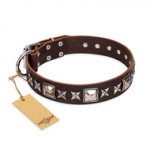 "Perfect Impression" FDT Artisan Brown Leather German Shepherd Collar with Silvery Square Studs