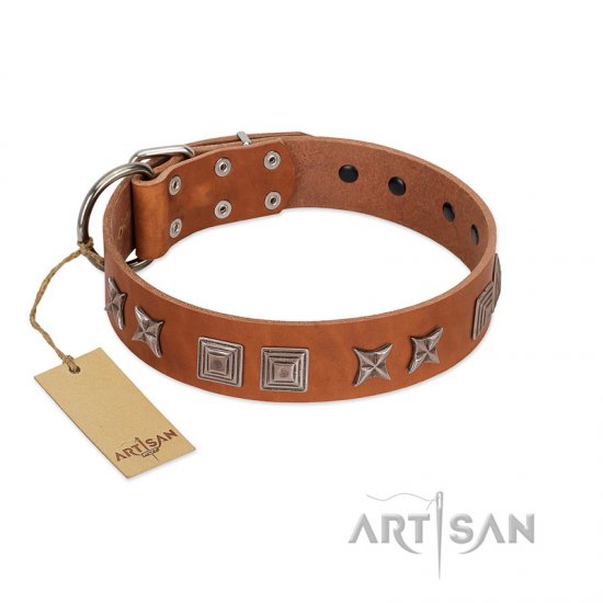 "Antique Figures" FDT Artisan Tan Leather German Shepherd Collar with Silver-like Engraved Plates