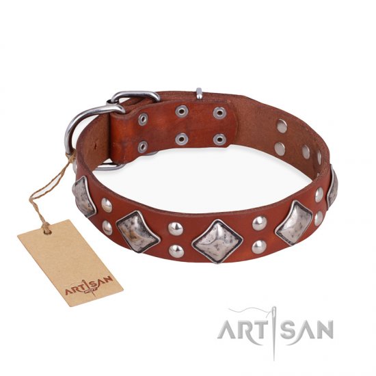 "Magic Squares" FDT Artisan Tan Leather German Shepherd Collar with Silver-like Decor