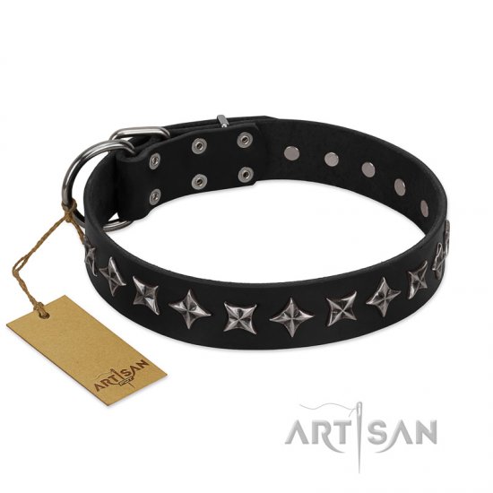 "Lights-out" FDT Artisan Black Leather German Shepherd Collar with Silver-like Set of Stars