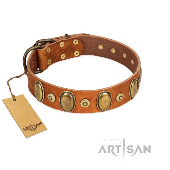 "Crystal Sand" FDT Artisan Tan Leather German Shepherd Collar with Vintage Looking Oval and Round Studs