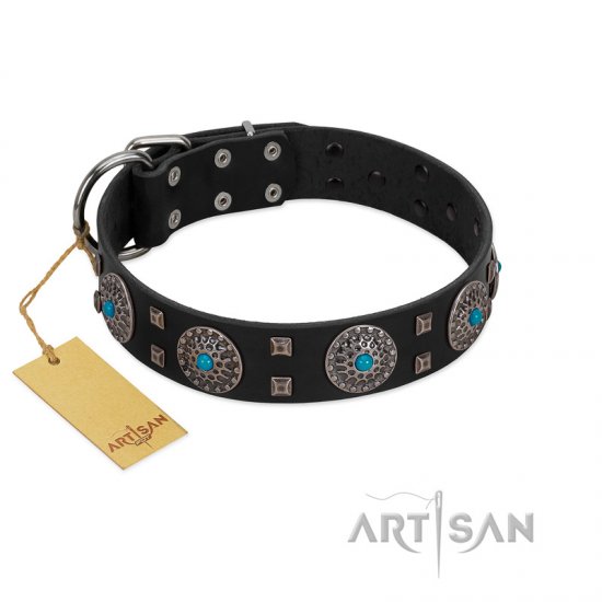 "Boundless Blue" FDT Artisan Black Leather German Shepherd Collar with Chrome Plated Brooches and Square Studs