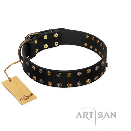 "Star Way" FDT Artisan Black Leather German Shepherd Collar with Bronze-like and Silver-like Star Studs - Click Image to Close