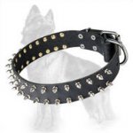German Shepherd Leather Dog Collar with 2 Rows of Nickel Spikes