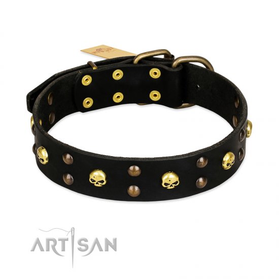 "Heavy Metal" Leather German Shepherd Collar with Skulls and Studs 1 1/2 inch (40 mm)