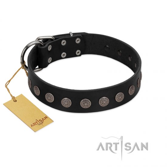 "Silent Star" Handmade FDT Artisan Designer Black Leather German Shepherd Collar with Engraved Plates