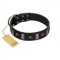 "Pirates' Symbol" Fashionable FDT Artisan Black Leather German Shepherd Collar with Silver-Like Plates and Gold-Like Skulls
