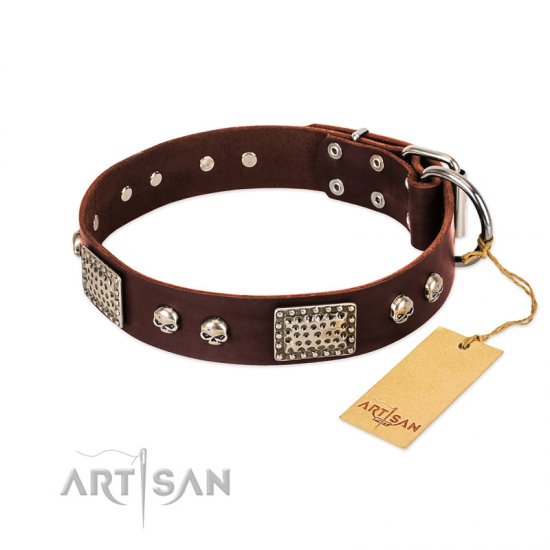 "Pirate Skull" FDT Artisan Brown Leather German Shepherd Collar with Old Silver Look Plates and Skulls