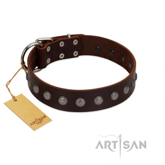 "Spring Flower" Stylish FDT Artisan Brown Leather German Shepherd Collar for Comfy Walks - Click Image to Close