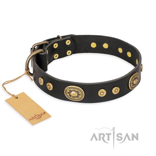 "Golden Radiance" FDT Artisan Black Leather German Shepherd Collar with Old Bronze Look Ovals and Circles