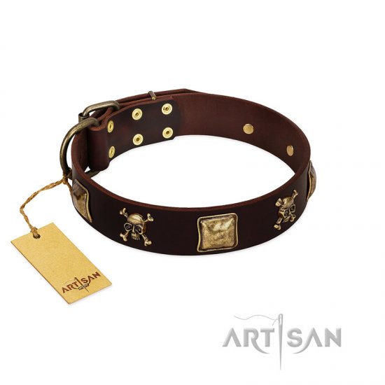 "Crazy Pirate" FDT Artisan Brown Leather German Shepherd Collar with Old Bronze-Plated Skulls and Plates