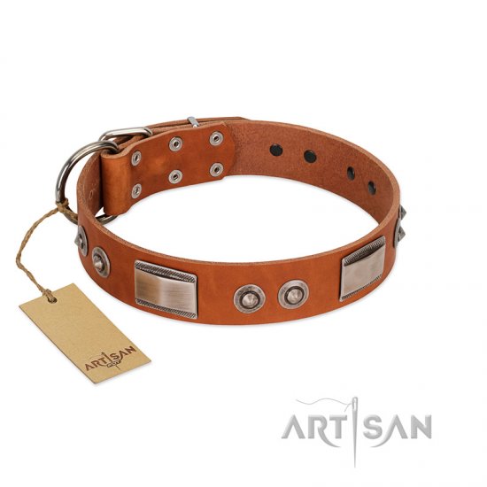 "Pawsy Glossy" FDT Artisan Exclusive Tan Leather German Shepherd Collar 1 1/2 inch (40 mm) wide