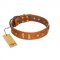 "Sand of Time" FDT Artisan Tan Leather German Shepherd Collar with Old Bronze-like Studs and Plates