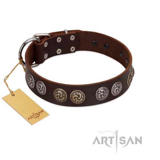 "Treasure Hunter" FDT Artisan Brown Leather German Shepherd Collar with Old-Bronze-like and Silvery Medallions