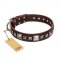 "Perfect Impression" FDT Artisan Brown Leather German Shepherd Collar with Silvery Square Studs