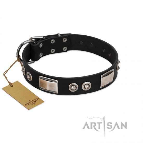 "Grand Wear" FDT Artisan Black Leather German Shepherd Collar with Shining Plates and Spiked Studs