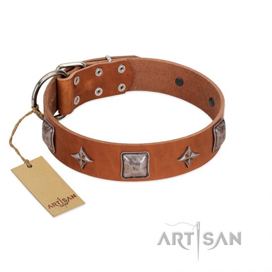 "Lucky Star" FDT Artisan Tan Leather German Shepherd Collar with Silver-Like Embellishments