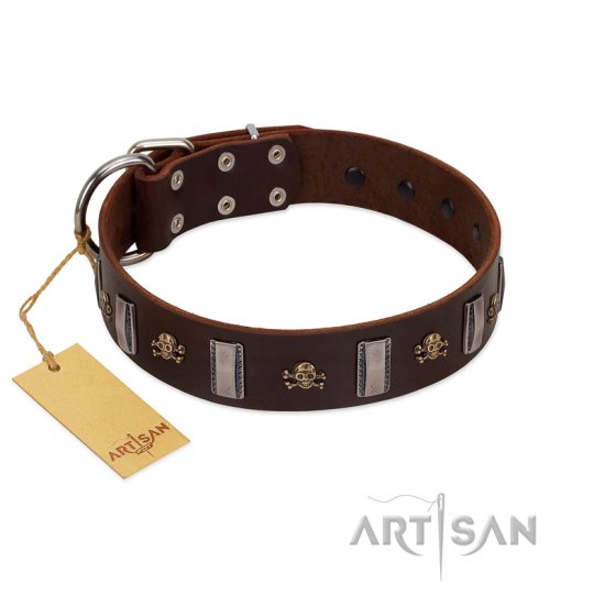"War Chief" FDT Artisan Genuine Brown Leather German Shepherd Collar with Skulls and Plates