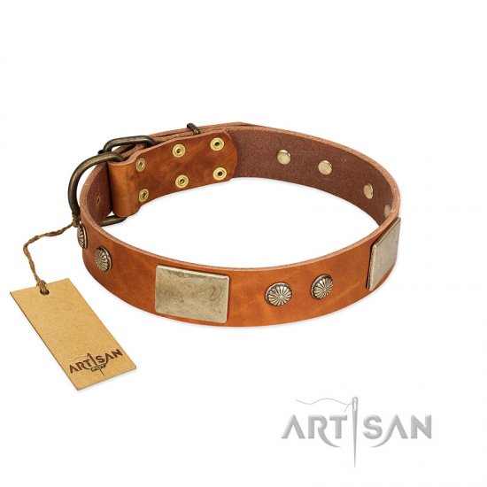 "Ancient Treasures" FDT Artisan Tan Leather German Shepherd Collar with Antiqued Plates and Studs