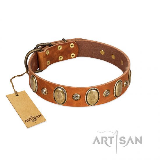 "Venus Breath" FDT Artisan Tan Leather German Shepherd Collar with Vintage Looking Oval and Round Studs