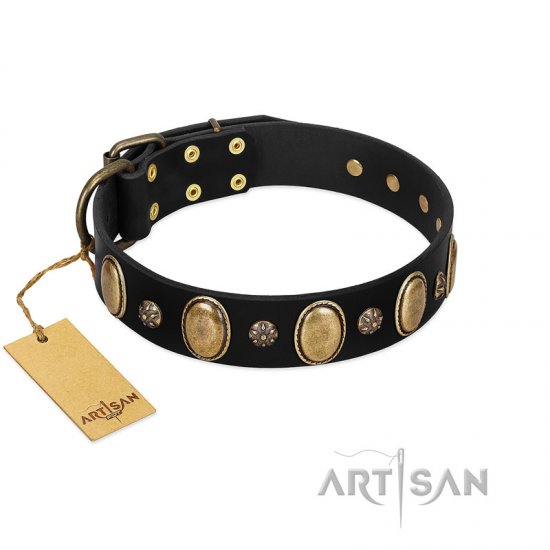 "Gilded Stones" FDT Artisan Black Leather German Shepherd Collar with Old Bronze-like Ovals and Studs - 1 1/2 inch (40 mm) wide - Click Image to Close