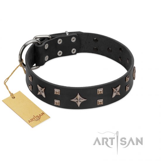 "Star Excitement" Modern FDT Artisan Black Leather German Shepherd Collar with Studs and Stars