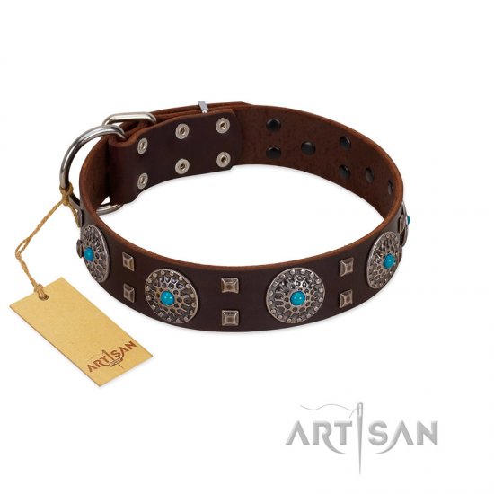 "Hypnotic Stones" FDT Artisan Brown Leather German Shepherd Collar with Chrome Plated Brooches and Square Studs - Click Image to Close
