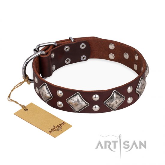 "King of Grace" FDT Artisan Stylish Leather German Shepherd Collar with Old Silver-Like Plated Decorations