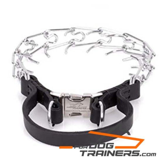 Chrome-plated Steel Pinch Dog Collar with Leather Handle and Quick Release Buckle - 1/8 inch (3.25 mm) Prong's Diameter