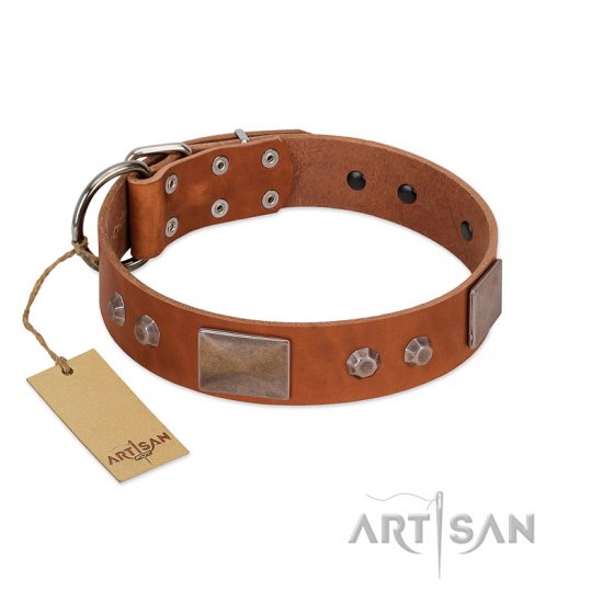 "Great Obelisk" Handcrafted FDT Artisan Tan Leather German Shepherd Collar with Large Plates and Pyramids