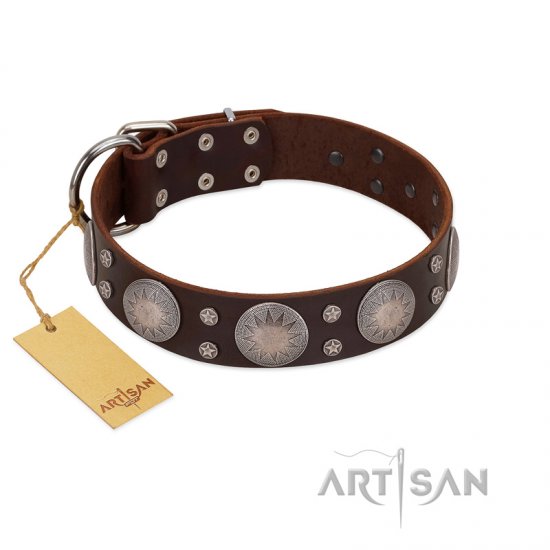 "Imperial Legate" FDT Artisan Brown Leather German Shepherd Collar with Big Round Plates
