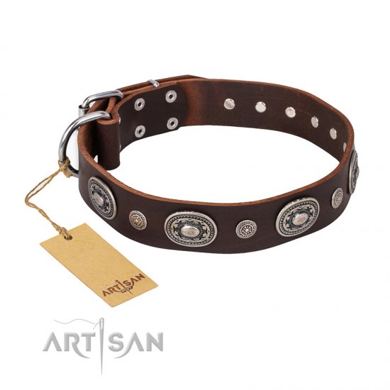 "Extra Pizzazz" FDT Artisan Adorned Brown Leather German Shepherd Collar