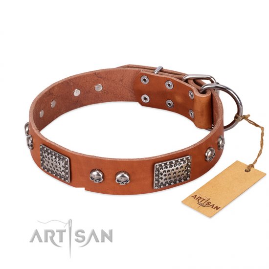 "Sparkling Skull" FDT Artisan Tan Leather German Shepherd Collar with Old Silver Look Plates and Skulls