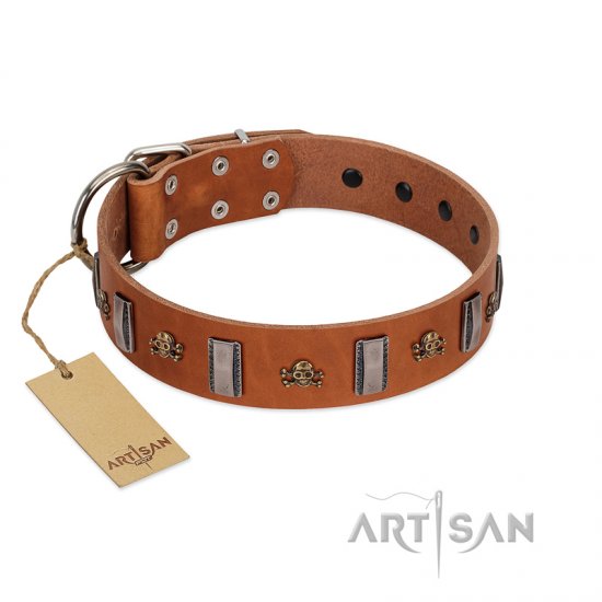 "Golden Crossbones" Handmade FDT Artisan Tan Leather German Shepherd Collar with Plates and Skulls