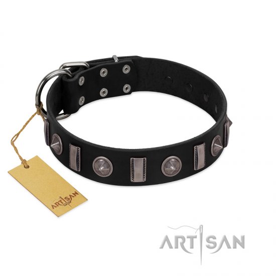 "Silver Spikes" Exclusive FDT Artisan Black Leather German Shepherd Collar - Click Image to Close