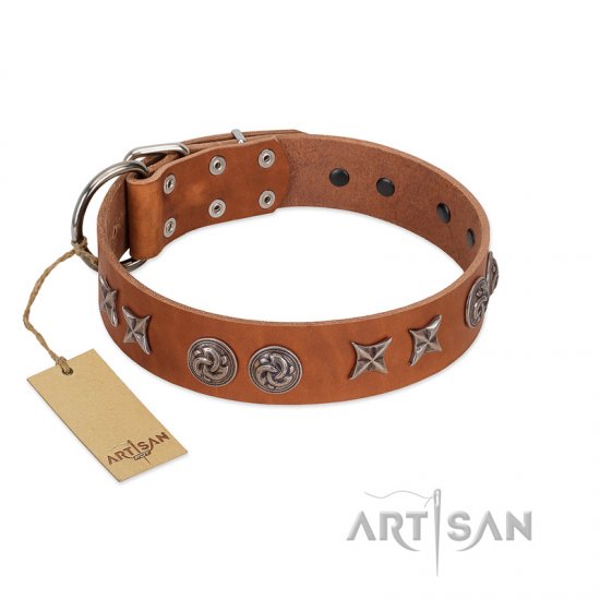 "Brave Spirit" Handmade FDT Artisan Designer Tan Leather German Shepherd Collar with Shields
