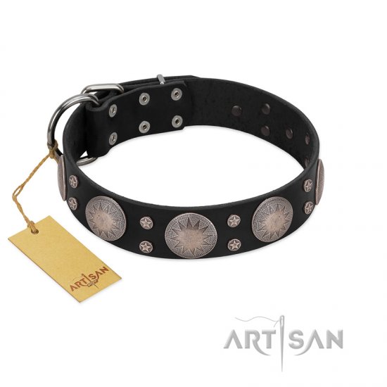 "Starry Sky" Trendy FDT Artisan Black Leather German Shepherd Collar with Large Brooches - Click Image to Close