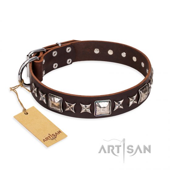 "Perfect Impression" FDT Artisan Brown Leather German Shepherd Collar with Silvery Square Studs