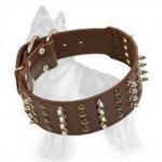 German Shepherd Leather Dog Collar Extra Wide with 4 Rows of Nickel Spikes and Brass Studs